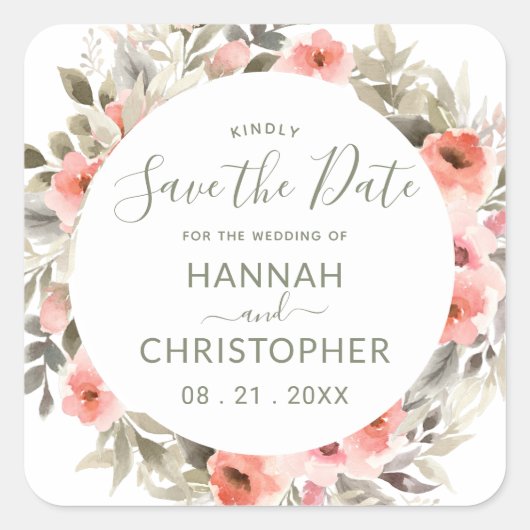 Waterverf Blush Roos krans Save the Date Sticker (Voorkant)