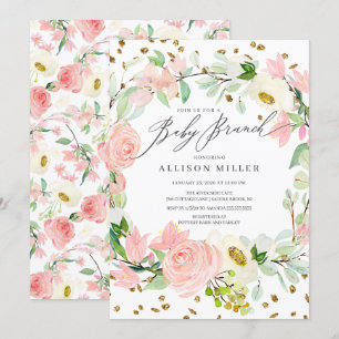 Waterverf Blush Roos Peonies Floral Baby Brunch Kaart