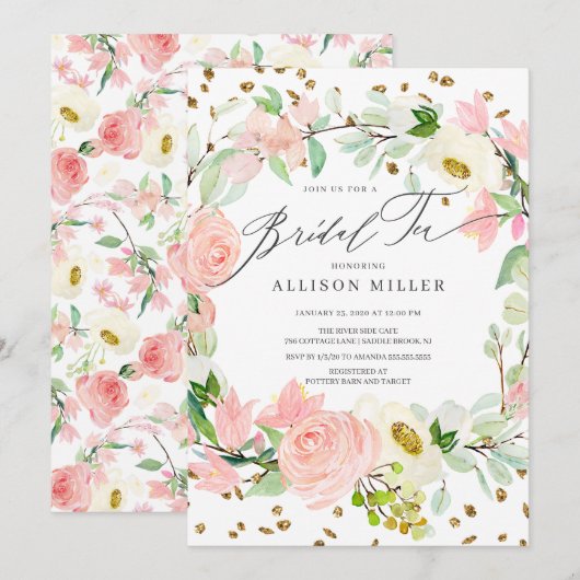 Waterverf Blush Roos Peonies Floral Bridal Tea Kaart (Voorkant / Achterkant)