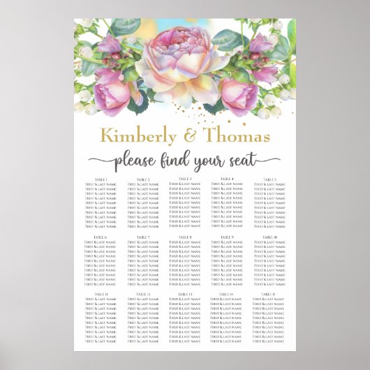 Waterverf Blush Roos Wedding Seating Chart Poster (Voorkant)