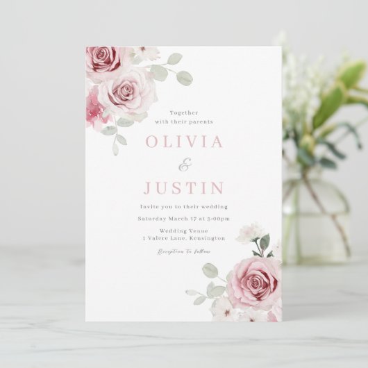 Waterverf Blush Rose Boeket Bruiloft Uitnodiging (Staand voorkant)