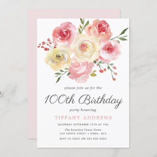 Waterverf Blush roze 100th Birthday Invite Kaart