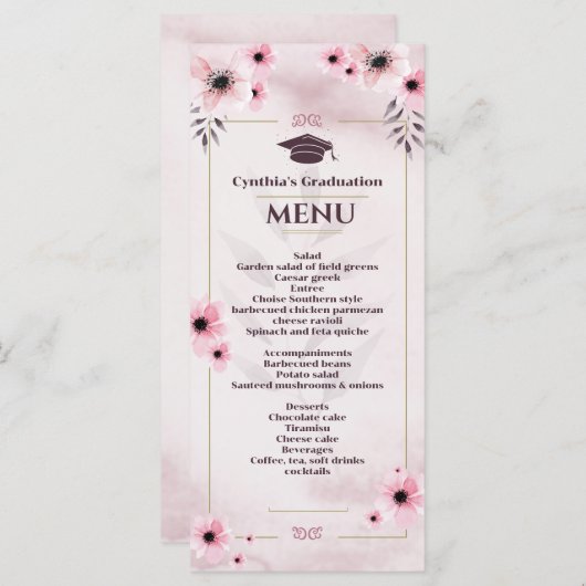 Waterverf Blush roze Afstuderen Invoermenu Uitnodi Menu (Voorkant / Achterkant)