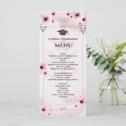 Waterverf Blush roze Afstuderen Invoermenu Uitnodi Menu (Staand voorkant)