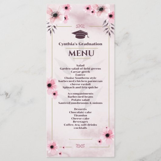 Waterverf Blush roze Afstuderen Invoermenu Uitnodi Menu (Voorkant)