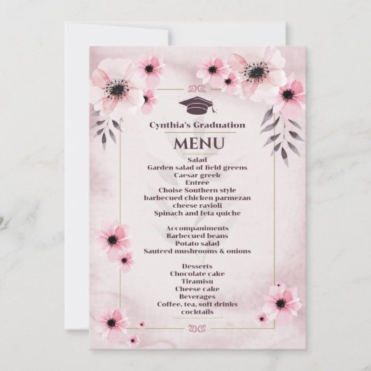 Waterverf Blush roze Afstuderen menu Kaart (Voorkant)