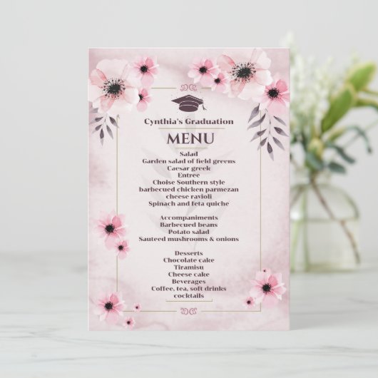 Waterverf Blush roze Afstuderen menu Kaart (Staand voorkant)