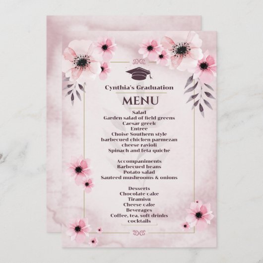 Waterverf Blush roze Afstuderen menu Kaart (Voorkant / Achterkant)