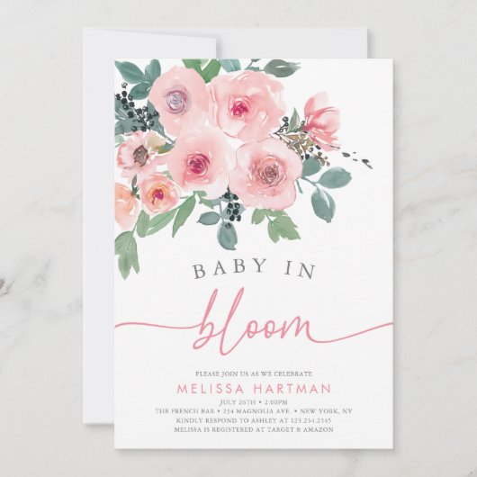 Waterverf Blush Roze Baby In Bloom Meisje Douche Kaart (Voorkant)