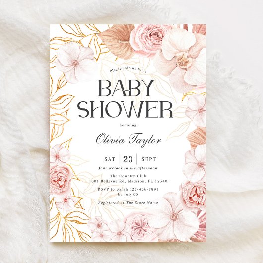 Waterverf Blush Roze Bloemen Baby Meisje Douche Kaart