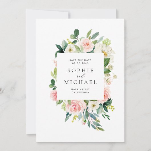 Waterverf  Blush roze bloemen en groen Save The Date (Voorkant)