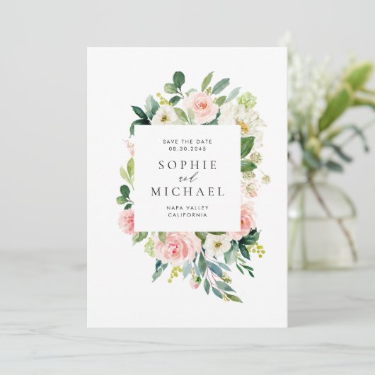 Waterverf  Blush roze bloemen en groen Save The Date (Staand voorkant)