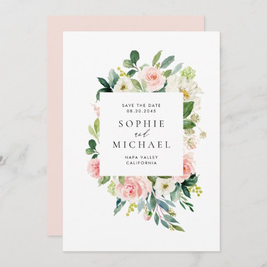 Waterverf  Blush roze bloemen en groen Save The Date (Voorkant / Achterkant)