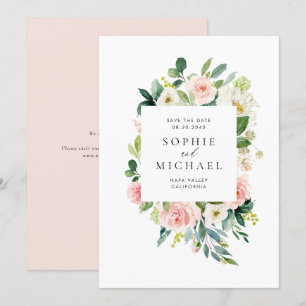 Waterverf  Blush roze bloemen en groen Save The Date