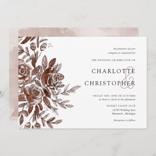 waterverf blush roze bloemen horizontale bruiloft kaart (Voorkant / Achterkant)