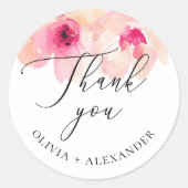 Waterverf blush roze bloemenbruiloft bedankt ronde sticker (Voorkant)