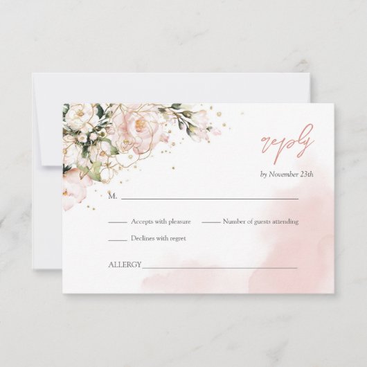 Waterverf blush roze bloemengroen boho goud RSVP kaartje (Voorkant)