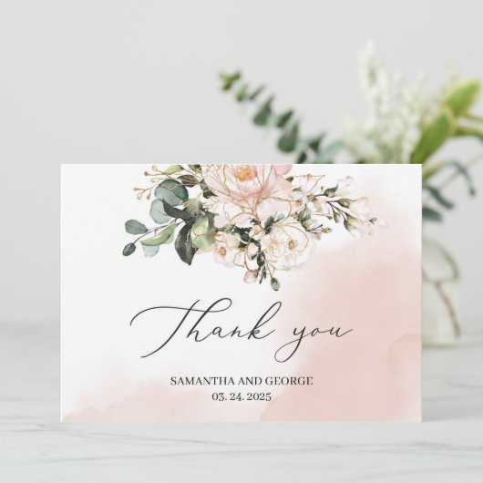 Waterverf blush roze bloemengroen gouden bruiloft bedankkaart (Staand voorkant)