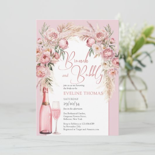 Waterverf blush roze bloementjes brunch en bubbly kaart (Staand voorkant)