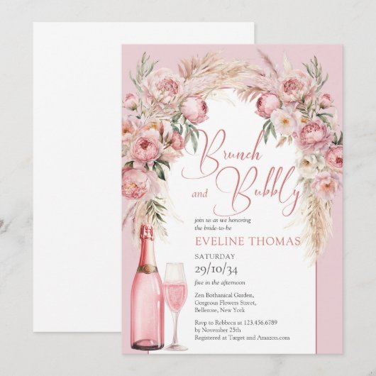 Waterverf blush roze bloementjes brunch en bubbly kaart (Voorkant / Achterkant)