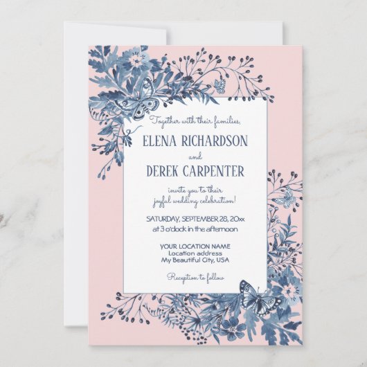 Waterverf Blush roze, Blue White Floral Wedding Kaart (Voorkant)