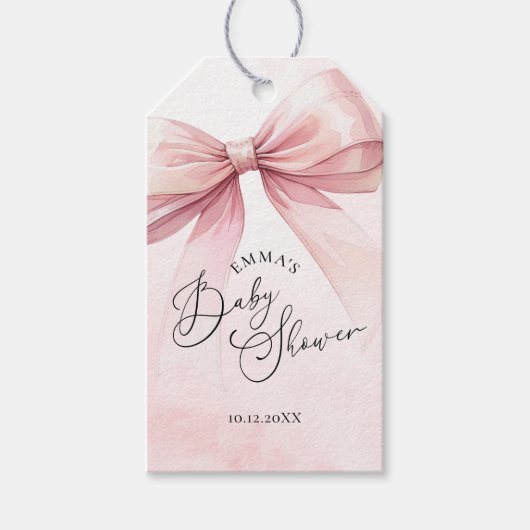 Waterverf Blush Roze Bow Baby Meisje Douche Cadeaulabel (Voorkant)