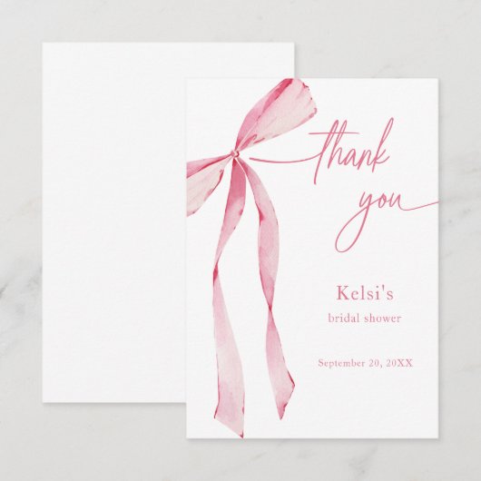Waterverf Blush Roze Bow Vrijgezellenfeest Bedankkaart (Voorkant / Achterkant)