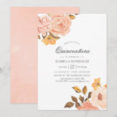 Waterverf Blush Roze en Gouden Bloemen Quinceañera Kaart (Voorkant / Achterkant)