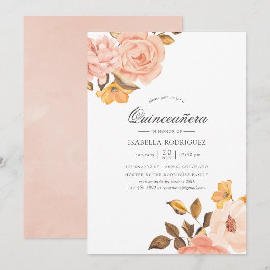 Waterverf Blush Roze en Gouden Bloemen Quinceañera Kaart (Voorkant / Achterkant)