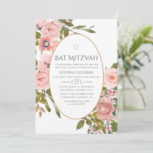 Waterverf Blush Roze en Roos Gouden Vleermuis Mitz Kaart (Staand voorkant)