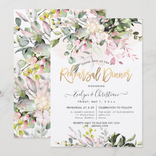 Waterverf Blush Roze Eucalyptus repetitie Dinner Kaart (Voorkant / Achterkant)