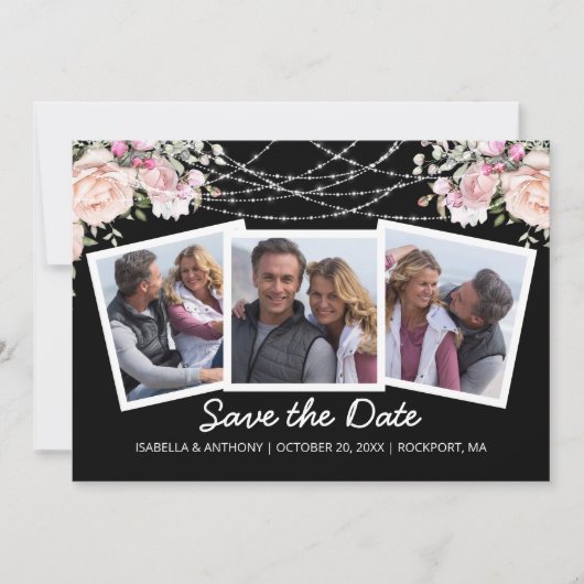Waterverf Blush Roze Floral Black 3-foto Save The Date (Voorkant)