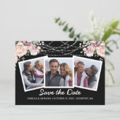 Waterverf Blush Roze Floral Black 3-foto Save The Date (Staand voorkant)