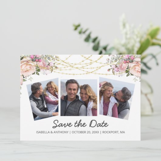 Waterverf Blush Roze Floral White 3Foto Save The Date (Staand voorkant)