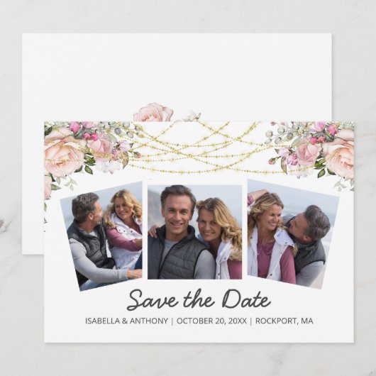 Waterverf Blush Roze Floral White 3Foto Save The Date (Voorkant / Achterkant)