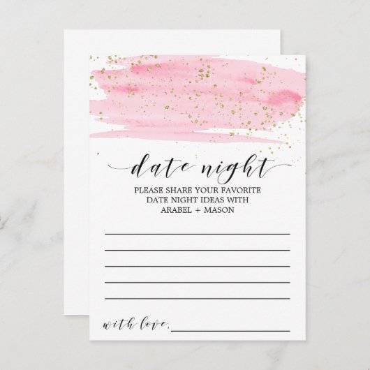 Waterverf Blush roze & Gold Date Night Idea Kaart (Voorkant / Achterkant)