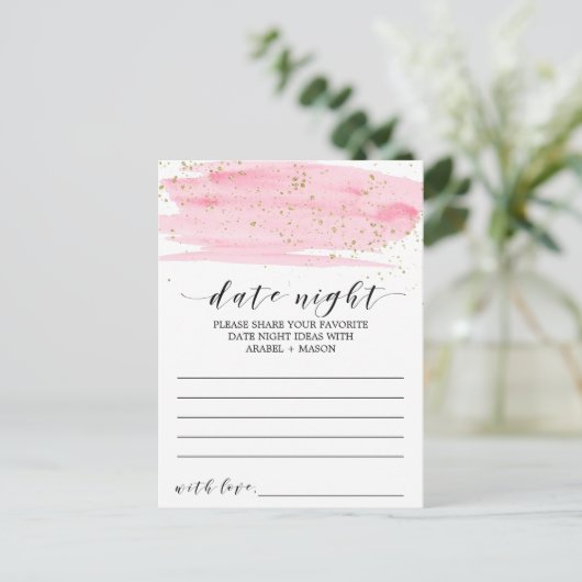 Waterverf Blush roze & Gold Date Night Idea Kaart (Staand voorkant)