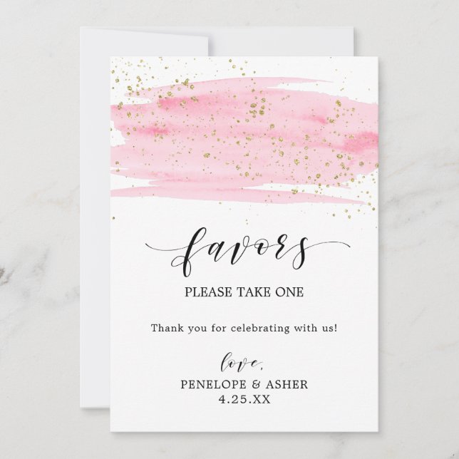 Waterverf Blush roze & Gold Sparkles Favors Sign (Voorkant)