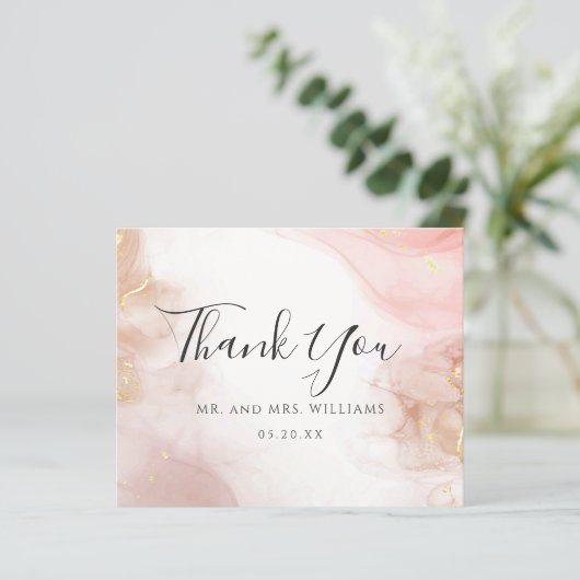 Waterverf Blush Roze Gouden Inkt Dank u Kaart (Staand voorkant)