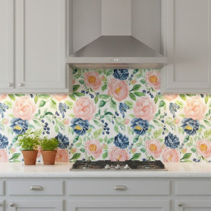 Waterverf Blush Roze Indigo Blauw Bloempatroon Tegeltje