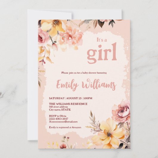 Waterverf blush roze meisje baby shower uitnodigin kaart (Voorkant)