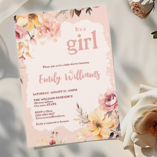 Waterverf blush roze meisje baby shower uitnodigin kaart