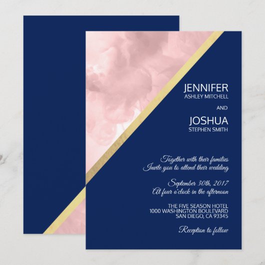 Waterverf Blush Roze Navy Blauw Gouden Folie Bruil Kaart (Voorkant / Achterkant)
