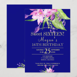 Waterverf blush roze navy floral sweet sixteen kaart