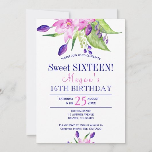 Waterverf blush roze navy floral sweet sixteen kaart (Voorkant)