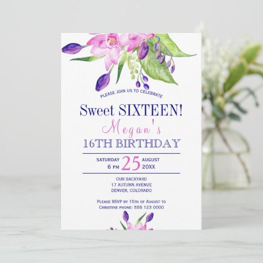 Waterverf blush roze navy floral sweet sixteen kaart (Staand voorkant)