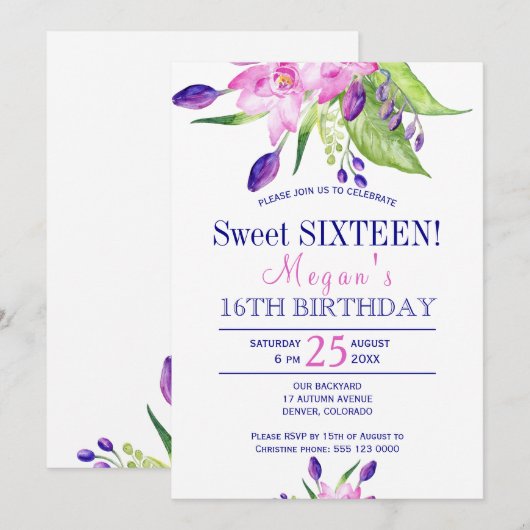 Waterverf blush roze navy floral sweet sixteen kaart (Voorkant / Achterkant)