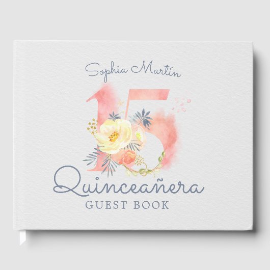Waterverf Blush Roze Nummer 15 Bloemen Quinceanera Gastenboek (Voorkant)