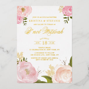 Waterverf Blush Roze Pioen Bloemstuk B'not Mitzvah Folie Uitnodiging