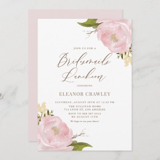Waterverf Blush Roze Pioen Bruidsmeisjes Luncheon Kaart (Voorkant / Achterkant)